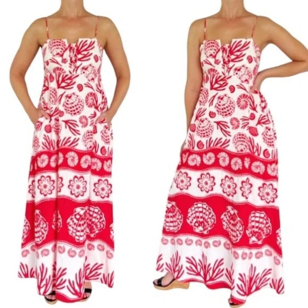 NWT Viral Calypso st Barth Shell Coral Red White Maxi Sun Dress Rio Size XS